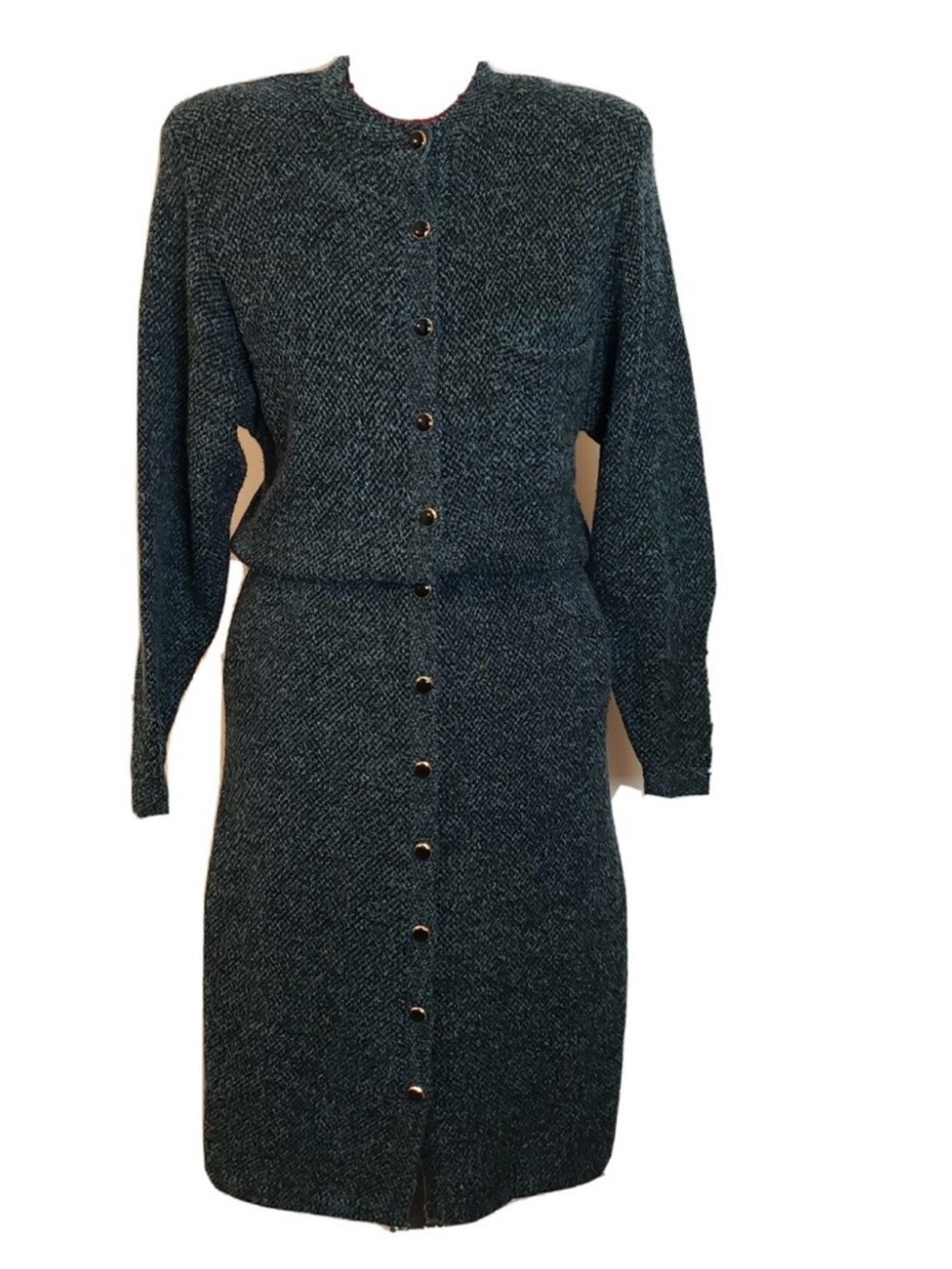 Vintage st John Sweater Dress
Teal Black Knit Crew Neck Button
Front Pockets